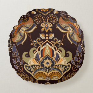 Dark Paisley: Floral Indian Seamless. Rundes Kissen