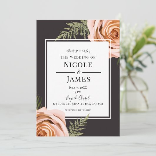 Dark Peach Floral Rose Rustikales Shabby Chic Hoch Einladung (Stehend Vorderseite)