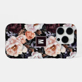 Dark Peonies Floral Pattern | Monogramm iPhone Hülle (Rückseite (Horizontal))