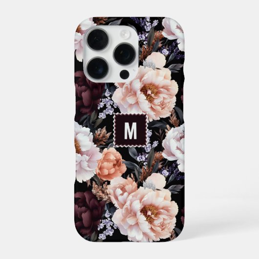 Dark Peonies Floral Pattern | Monogramm iPhone Hülle (Rückseite)