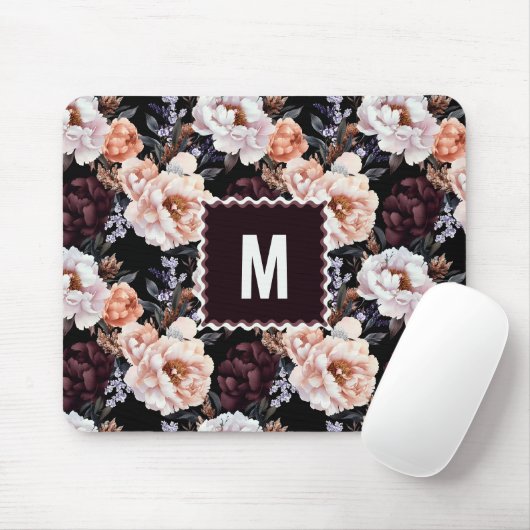 Dark Peonies Floral Pattern | Monogramm Mousepad (Mit Mouse)