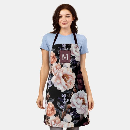 Dark Peonies Floral Pattern | Monogramm Schürze (Getragen)