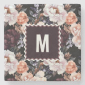Dark Peonies Floral Pattern | Monogramm Steinuntersetzer (Vorderseite)