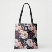 Dark Peonies Floral Pattern | Monogramm Tasche (Vorderseite)