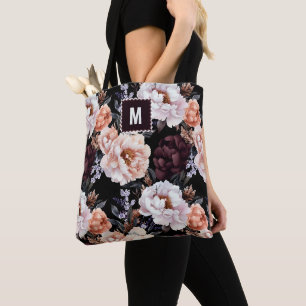 Dark Peonies Floral Pattern Monogramm Tasche