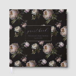 Dark Peony Flowers Foil Baby Shower Guestbook Gästebuch