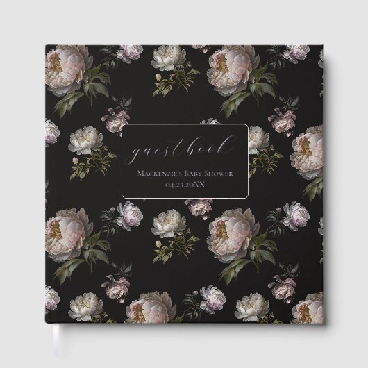 Dark Peony Flowers Foil Baby Shower Guestbook Gästebuch (Vorderseite)