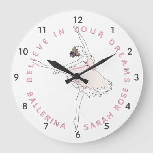 Dark Pink Ballerina Girl Personalisiert Name Clock Große Wanduhr (Vorderseite)