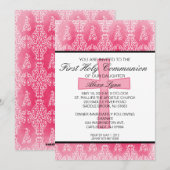 Dark Pink Cross Damask Girls Kommune Einladung (Vorne/Hinten)