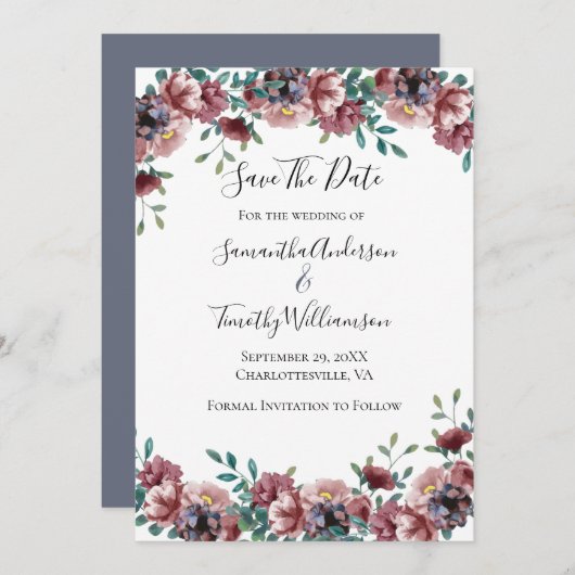 Dark Pink Dusty Rose Blue Green Eukalyptus Floral Save The Date (Vorne/Hinten)