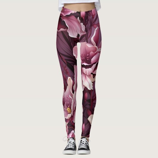 Dark Pink Orchids Muster Leggings (Vorderseite)