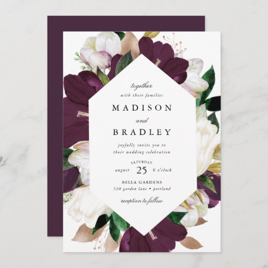 Dark Plum Floral Geometric Frame | Hochzeit Einladung (Vorne/Hinten)