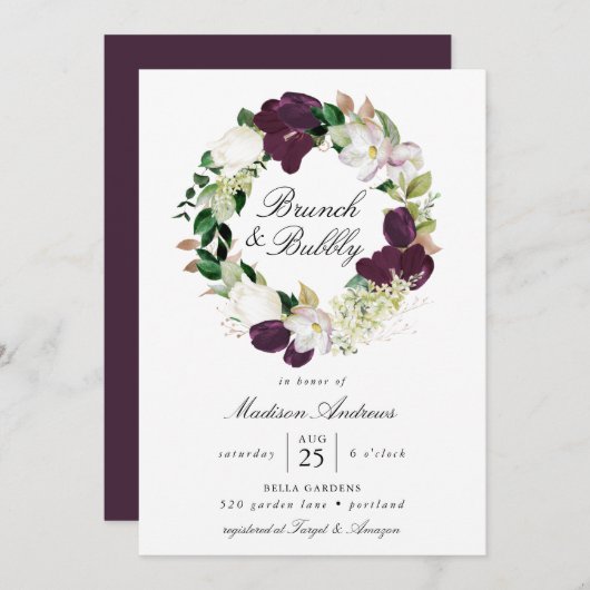 Dark Plum Floral Wreath | Brunch und Bubbly Einladung (Vorne/Hinten)