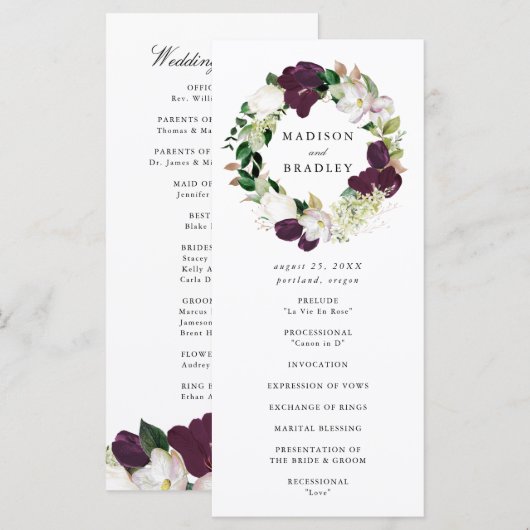 Dark Plum Floral Wreath | Hochzeitsfeier Programm (Vorne/Hinten)