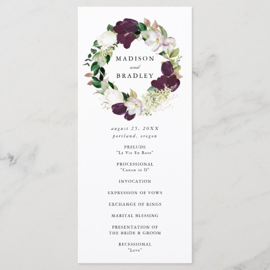 Dark Plum Floral Wreath | Hochzeitsfeier Programm (Vorderseite)