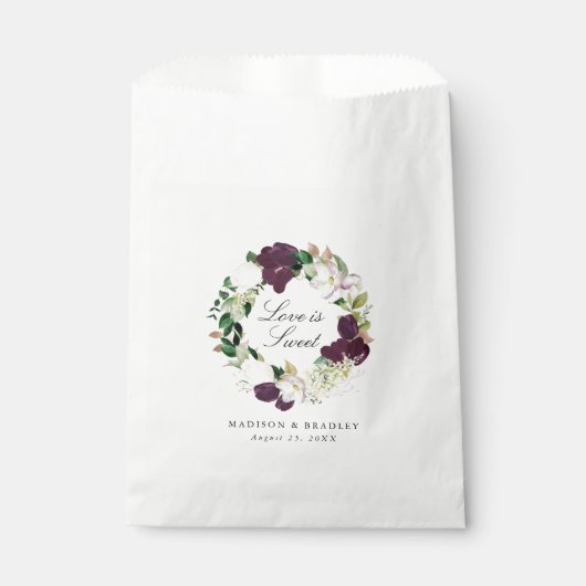 Dark Plum Floral Wreath | Personalisierte Hochzeit Geschenktütchen (Vorderseite)