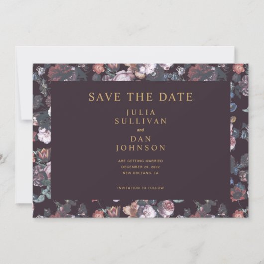 Dark Plum Lila Moody Floral Wedding Save The Date (Vorderseite)