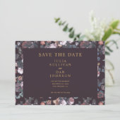 Dark Plum Lila Moody Floral Wedding Save The Date (Stehend Vorderseite)