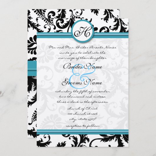 Dark Pool Damask Wirbel Hochzeit Einladung 5 x 7 (Vorne/Hinten)