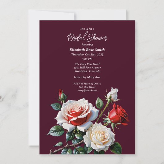 Dark Pretty pink white red roses bridal shower Einladung (Vorderseite)