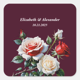 Dark Pretty pink white red roses floral wedding Quadratischer Aufkleber
