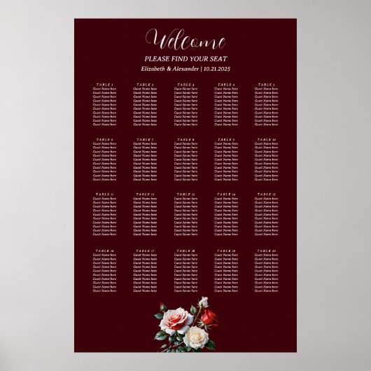 Dark Pretty pink white red roses seating chart Poster (Vorne)