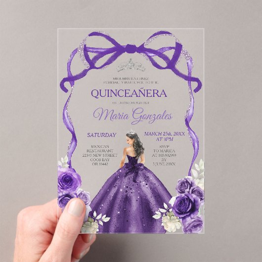 Dark Purple Bow Silver Crown Princess Quinceañera Acryleinladungen (Insitu (Handheld))