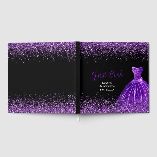 Dark Purple Dress Faux Glitter Quinceanera Gästebuch (Voll)