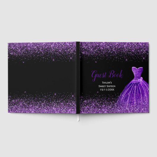 Dark Purple Dress Faux Glitter Sweet 16 Birthday Gästebuch (Voll)