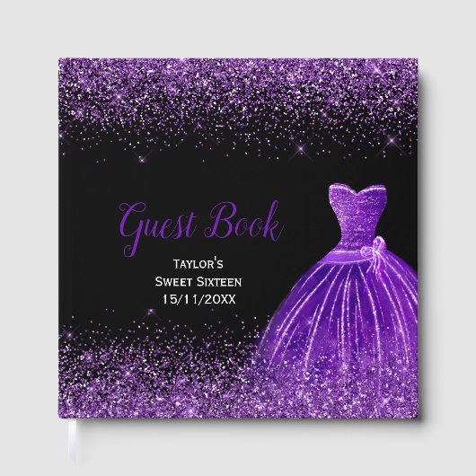 Dark Purple Dress Faux Glitter Sweet 16 Birthday Gästebuch (Vorderseite)