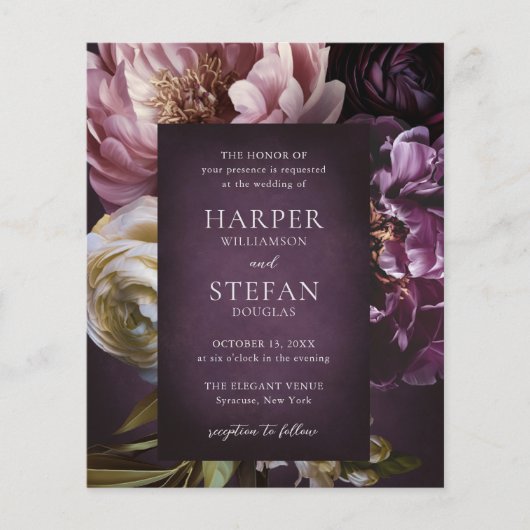 Dark Purple Fine Art Floral Budget Wedding Invite Flyer (Vorne)
