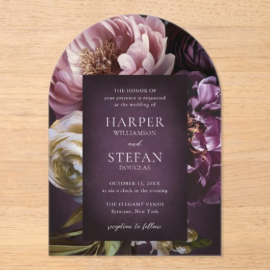 Dark Purple Fine Art Floral Elegant Wedding Acryleinladungen (Vorderseite)