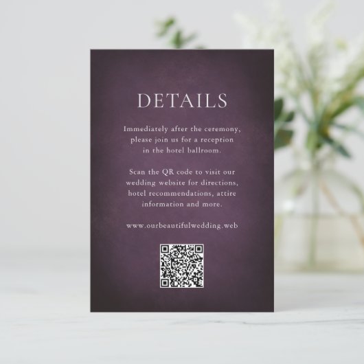 Dark Purple Fine Art Floral Elegant Wedding Begleitkarte (Stehend Vorderseite)