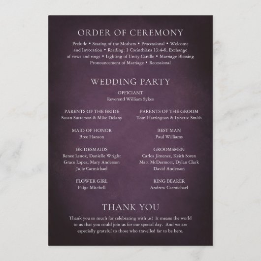 Dark Purple Fine Art Floral Elegant Wedding Programm (Rückseite)