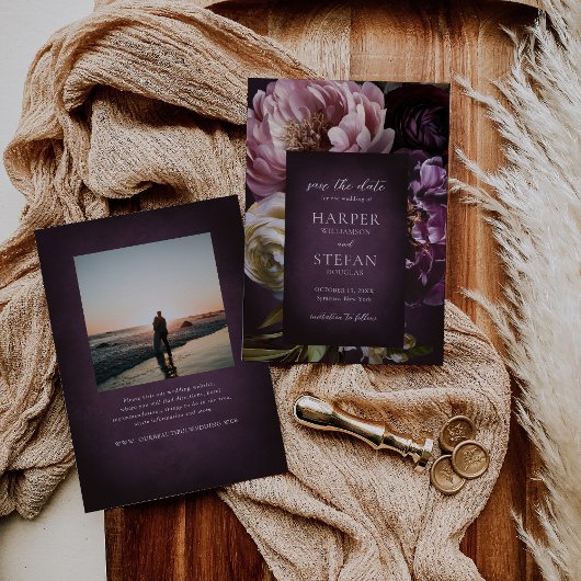 Dark Purple Fine Art Floral Elegant Wedding Save The Date