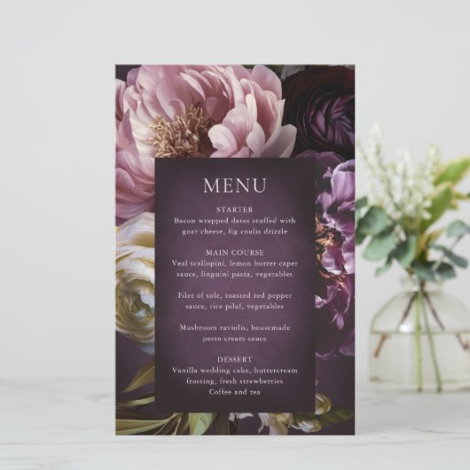 Dark Purple Fine Art Floral Wedding Menu (Stehend Vorderseite)