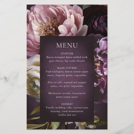 Dark Purple Fine Art Floral Wedding Menu Flyer (Vorne)