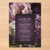 Dark Purple Fine Art Floral Wedding Save the Date Acryleinladungen (Vorderseite)