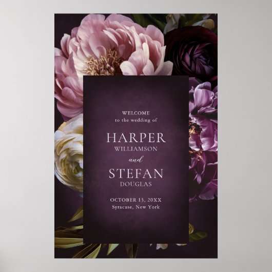 Dark Purple Fine Art Floral Wedding Wecome Sign Poster (Vorne)