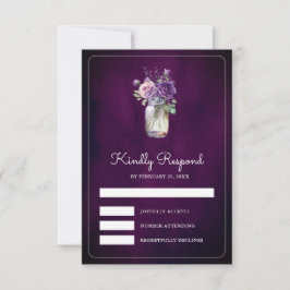 Dark Purple Floral Mason Jar Moody Wedding RSVP Karte
