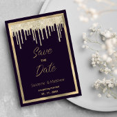 Dark purple gold luxury glitter drip Save the Date Einladung