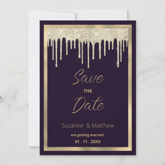 Dark purple gold luxury glitter drip Save the Date Einladung (Vorderseite)