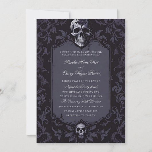 Dark Purple Gothic Boho Floral Skull Wedding Einladung (Vorderseite)