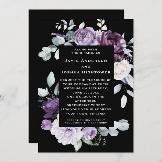 Dark Purple, Lavender, White Floral Black Wedding Einladung (Vorne/Hinten)