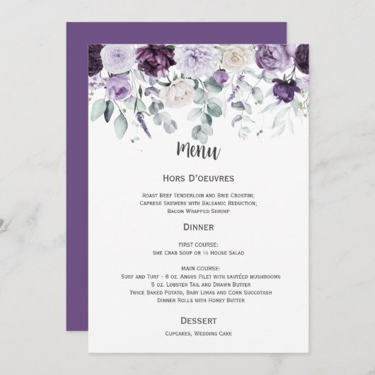 Dark Purple, Lavender, White Wedding Menu Einladung (Vorne/Hinten)