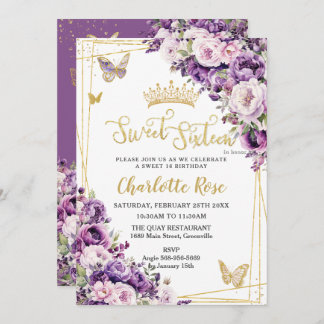 Dark Purple Lilac Blush Floral Roses Sweet 16 Einladung