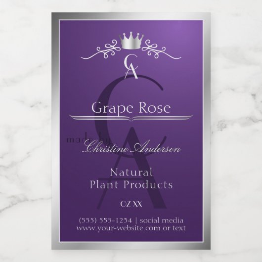 Dark Purple Product Label Silver Frame Monogram Lebensmitteletikett (Einzelnes Label)