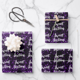 Dark purple sparkles Sweet 16 script pattern Geschenkpapier Set