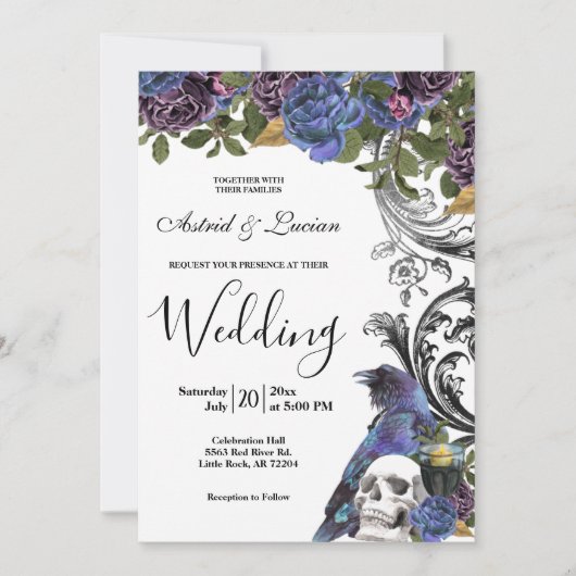 Dark Raven & Skull Gothic Wedding Einladung (Vorderseite)