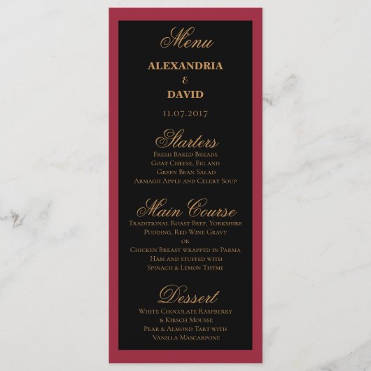 Dark Red and Black Wedding Menu Card Menükarte (Vorderseite)